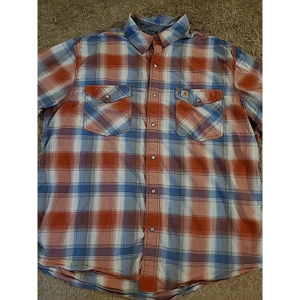 Carhartt Blue Red Plaid Western Relaxed Fit Pearl Snap Short Sleeve Shirt XL